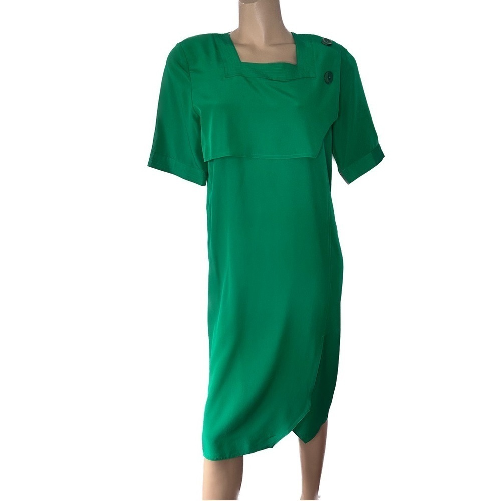 Vintage 80s Simon Chang Green Overlay Midi Shift Dress Square Neck Size 4 Office